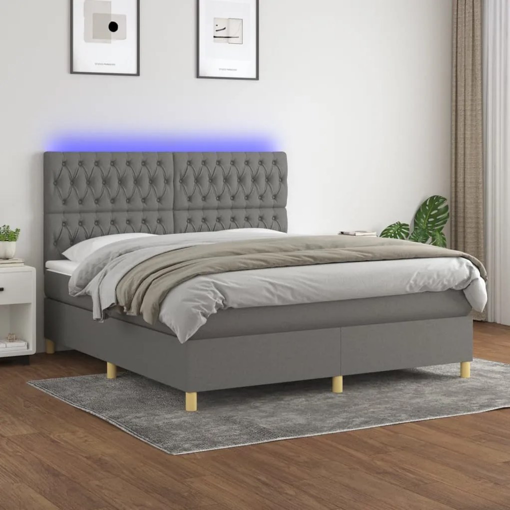 vidaXL Κρεβάτι Boxspring με Στρώμα & LED Σκ.Γκρι 160x200 εκ Υφασμάτινο