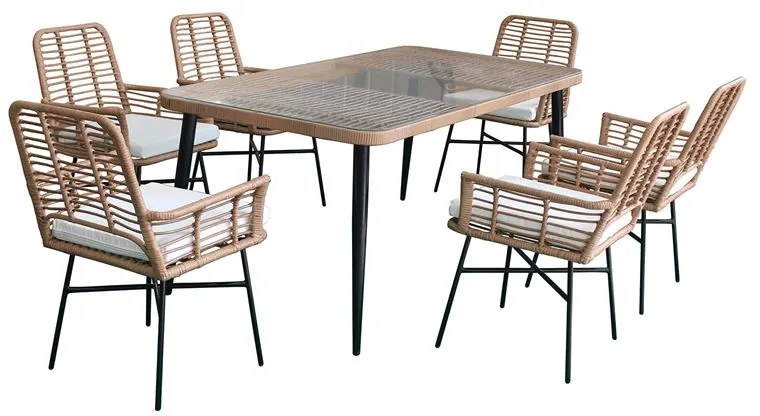 WOODWELL SALSA Τραπεζαρία Κήπου:Μέταλλο Βαφή Μαύρο, Wicker Φυσικό: 6 Πολυθρόνες+Τραπέζι, Μαξ.Άσπρο Tab:180x90x74 Armch:58x63x85cm Ε280,S1