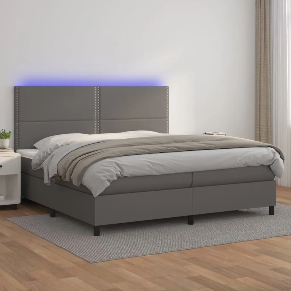 vidaXL Κρεβάτι Boxspring με Στρώμα & LED Γκρι 200x200 εκ. Συνθ. Δέρμα