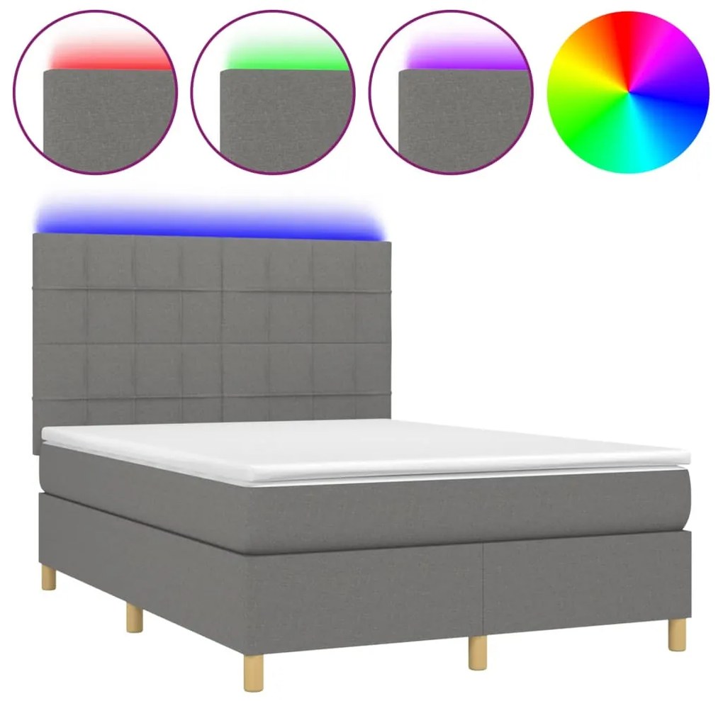 vidaXL Κρεβάτι Boxspring με Στρώμα & LED Σκ.Γκρι 140x200 εκ Υφασμάτινο