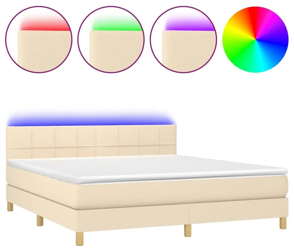 vidaXL Κρεβάτι Boxspring με Στρώμα & LED Κρεμ 180x200 εκ. Υφασμάτινο