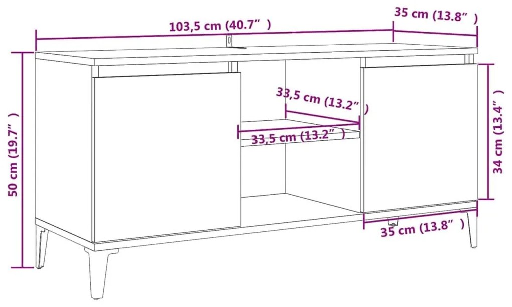 Έπιπλο Τηλεόρασης Καπνιστή Δρυς 103,5x35x50 εκ Μεταλλικά Πόδια - Καφέ