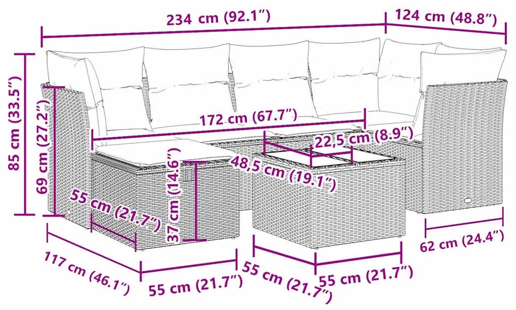 Σαλόνι Κήπου Σετ 7 Τεμαχίων Καφέ Συνθετικό Ρατάν με Μαξιλάρια - Καφέ