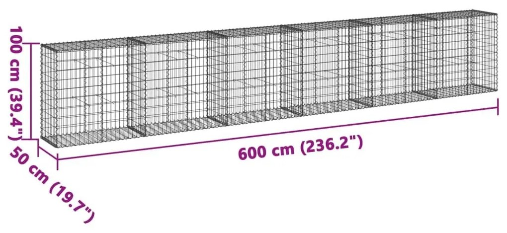 Συρματοκιβώτιο με Κάλυμμα 600x50x100εκ. από Γαλβανισμένο Χάλυβα - Ασήμι