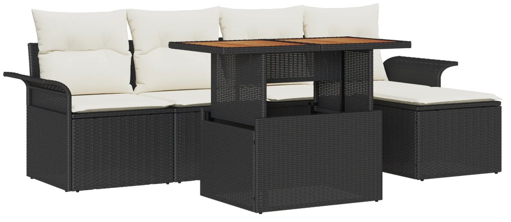 vidaXL Σετ Εξωτερικής Τραπεζαρίας , 6 κομμάτια με Μαξιλάρια, Μαύρο, Πολυ Ράτανα, Ακακία