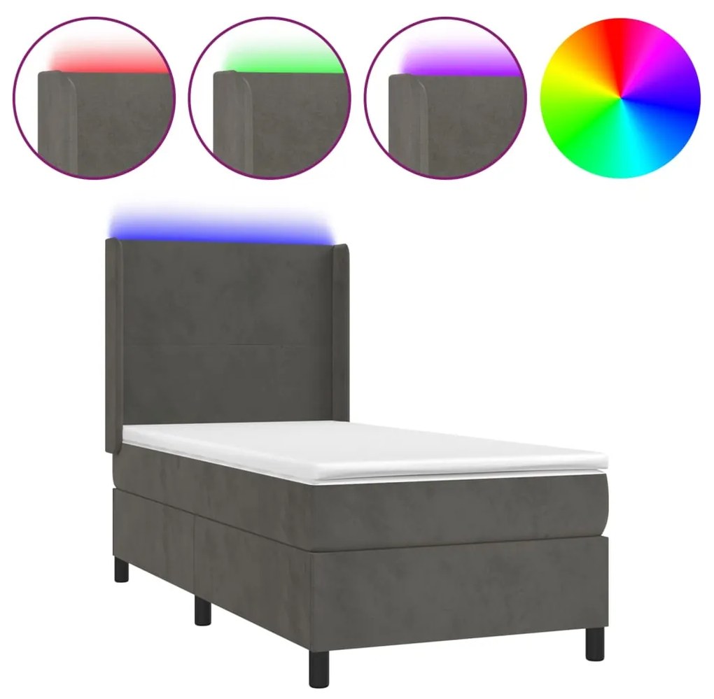 Κρεβάτι Boxspring με Στρώμα &amp; LED Σκ. Γκρι 90x200 εκ. Βελούδινο - Γκρι