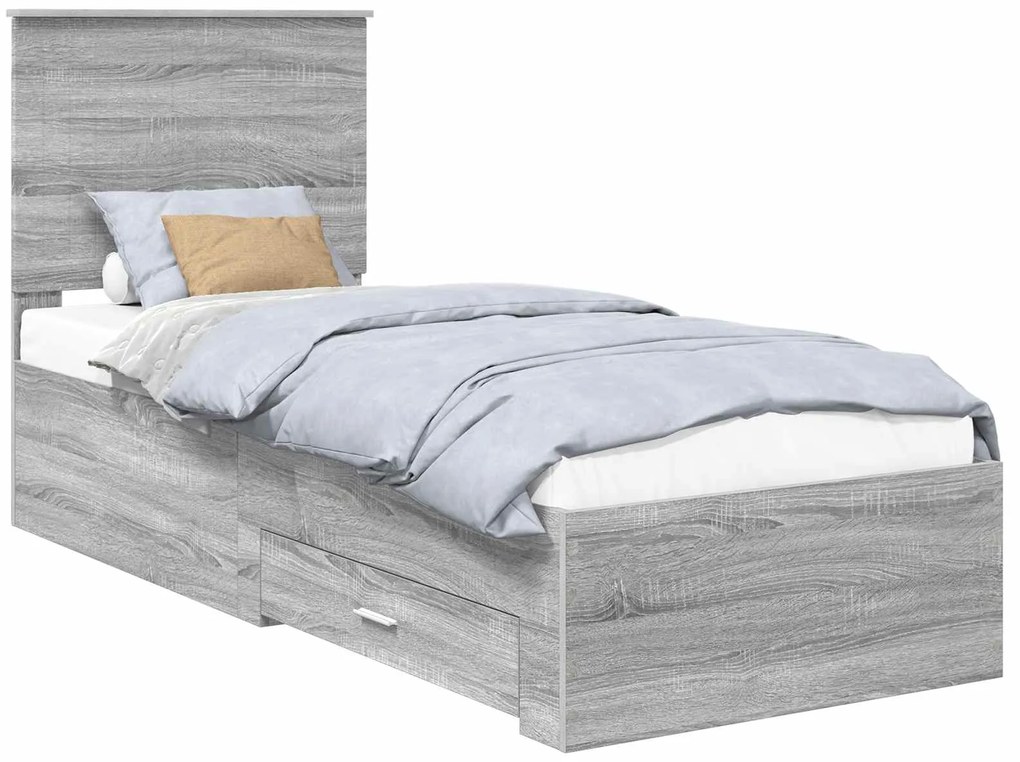 vidaXL Σκελετός Κρεβατιού με συρτάρι Γκρι Σονομά και Ασημί 75 x 190 cm