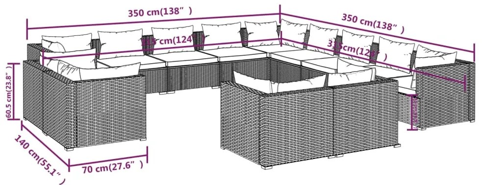 vidaXL Σαλόνι Κήπου 13 Τεμαχίων Καφέ Συνθετικό Ρατάν με Μαξιλάρια
