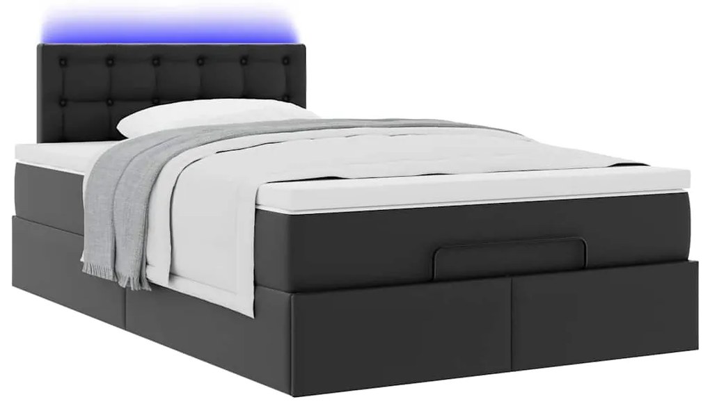 vidaXL Οθωμανικό κρεβάτι με στρώματα & LEDs Μαύρο Faux Leather