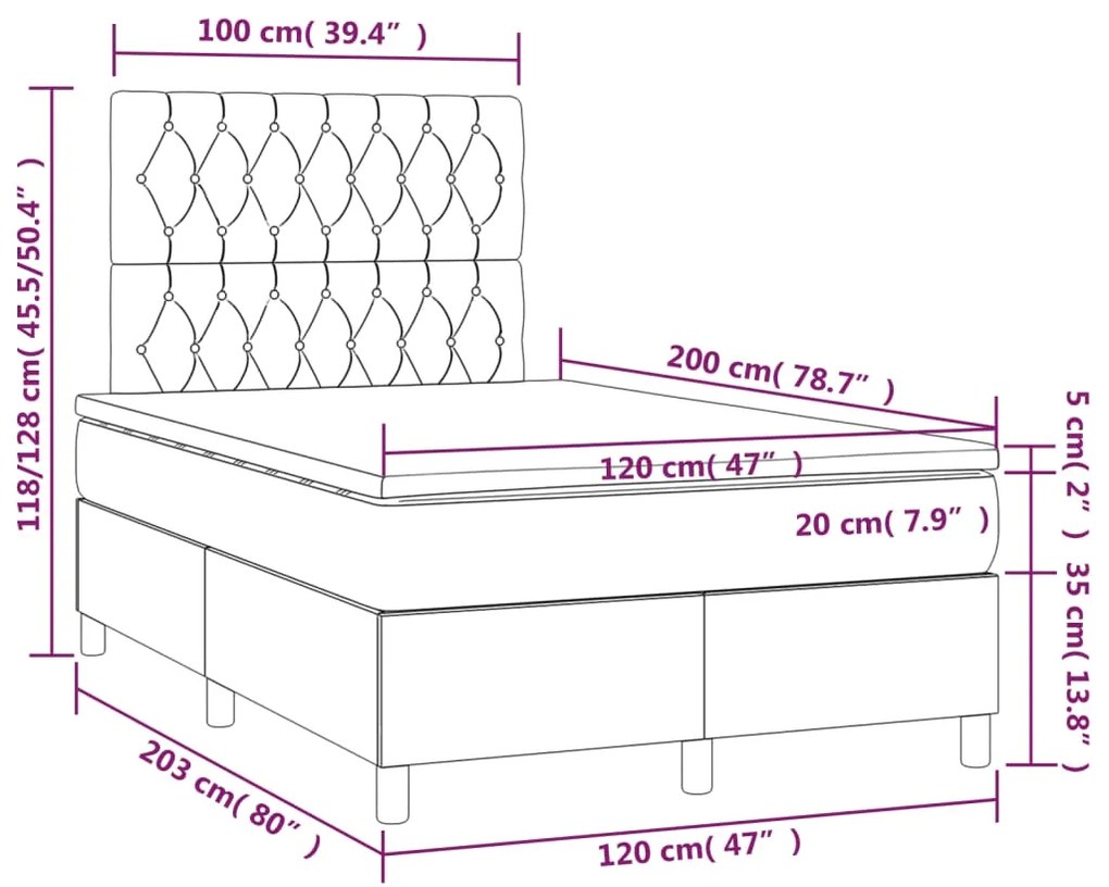 vidaXL Κρεβάτι Boxspring με Στρώμα Κρεμ 120x200 εκ. Υφασμάτινο