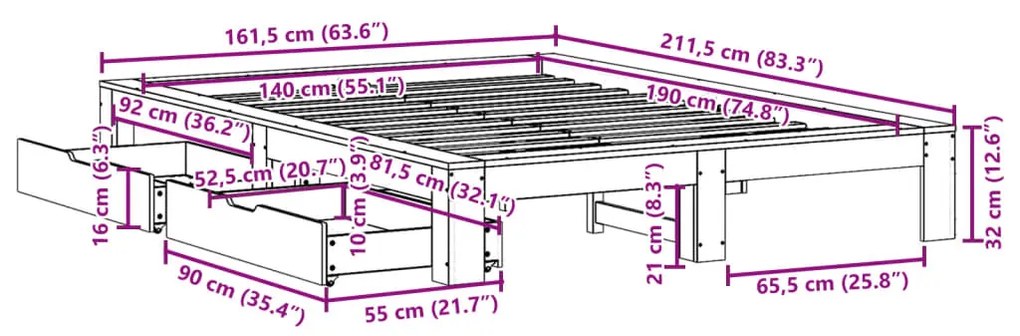 Σκελετός Κρεβατιού Χωρίς Στρώμα 140x190 εκ Μασίφ Ξύλο Πεύκου - Καφέ