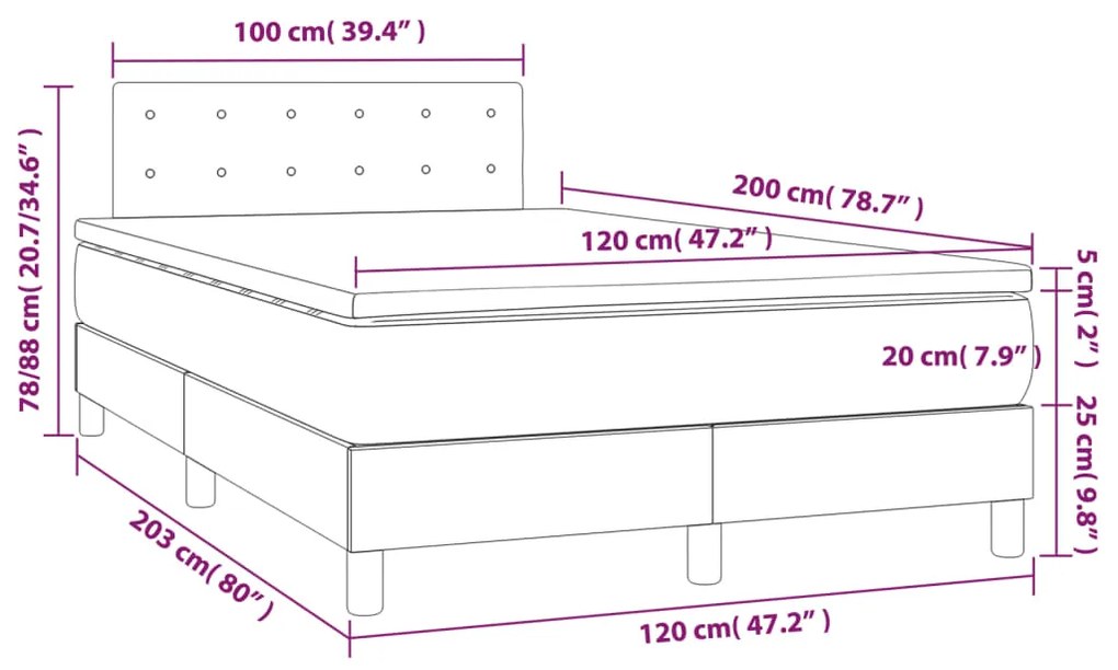 Κρεβάτι Boxspring με Στρώμα &amp; LED Σκ.Γκρι 120x200 εκ Υφασμάτινο  - Γκρι