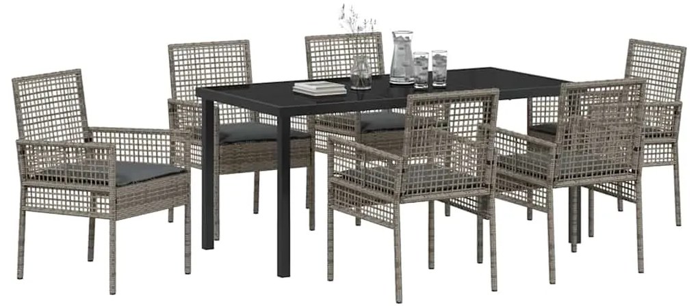 vidaXL Σέτ φαγητού για κήπο με μαξιλάρι 7 pcs Γκρι Πολυ ράταν