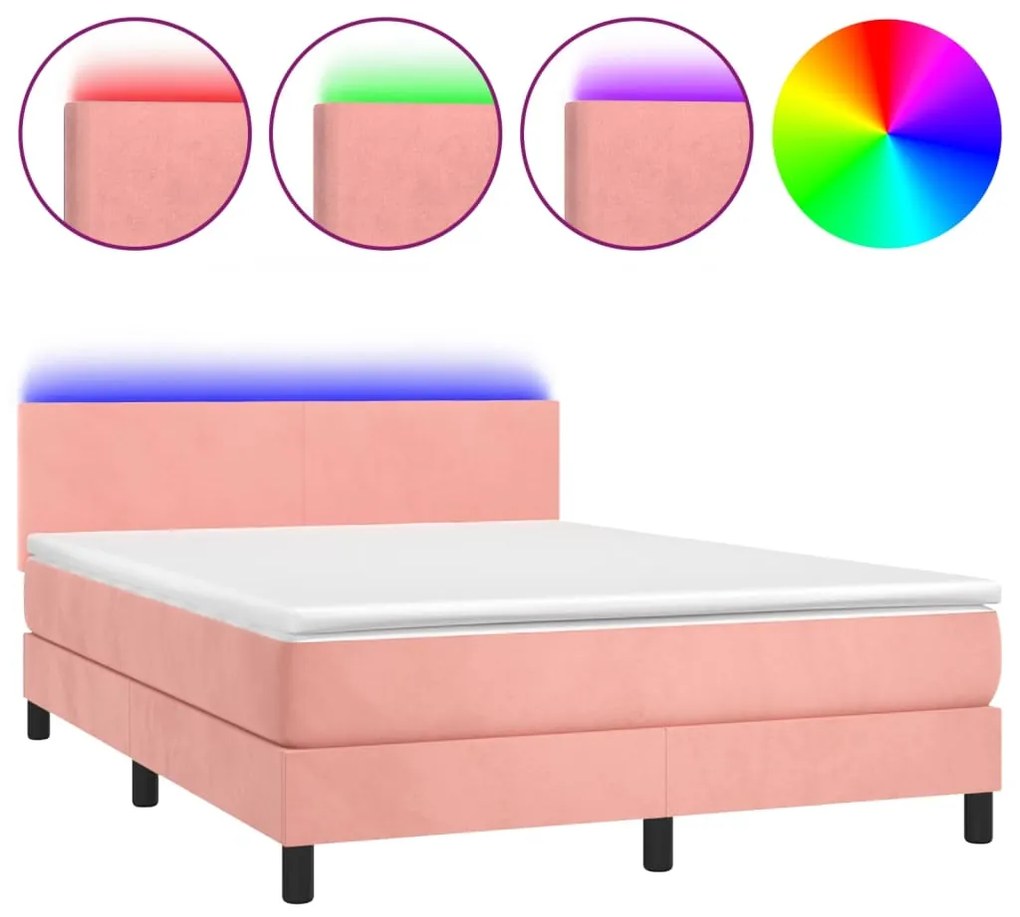 vidaXL Κρεβάτι Boxspring με Στρώμα & LED Ροζ 140x190 εκ. Βελούδινο