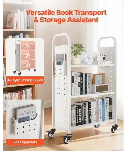 VEVOR 3-Tier Rolling Book Cart Single Sided L-Shaped Shelves Book Truck in White