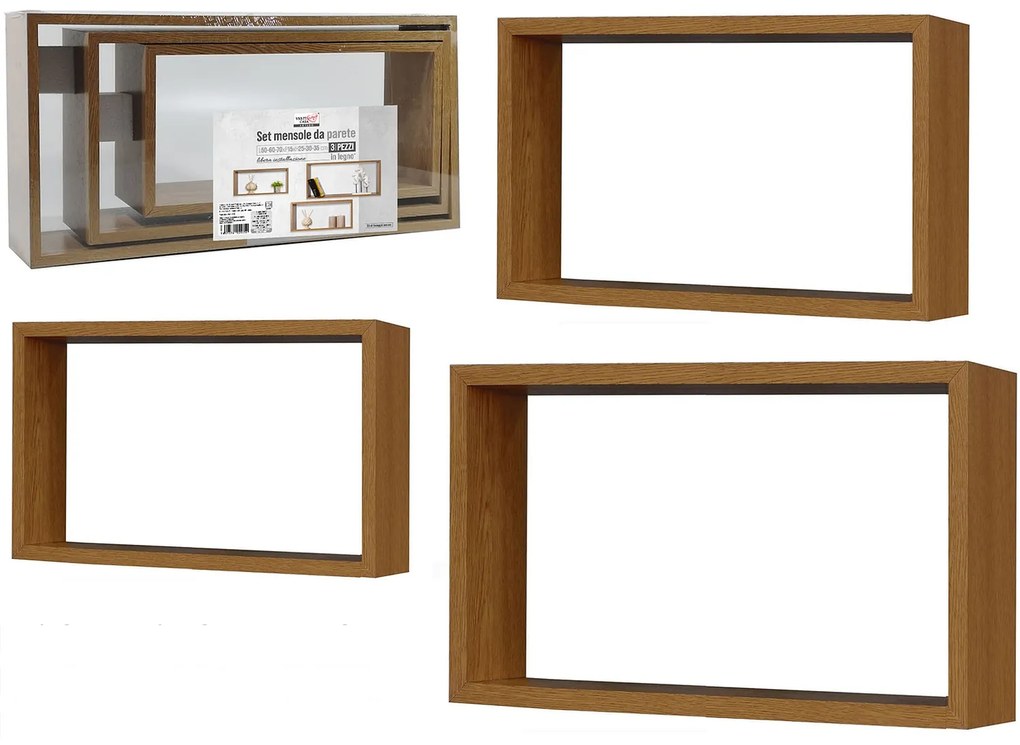 Σετ 3 Ράφια Κυβικά Φυσικό Ξύλο 70x35x15cm Σε 3 Διαστάσεις-06512705
