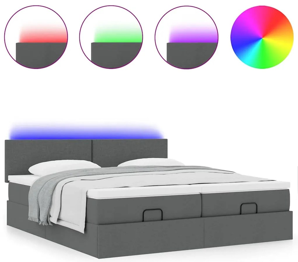 vidaXL Οθωμανικό κρεβάτι με στρώματα&LEDs Σκούρο γκρι 180x200cm ύφασμα