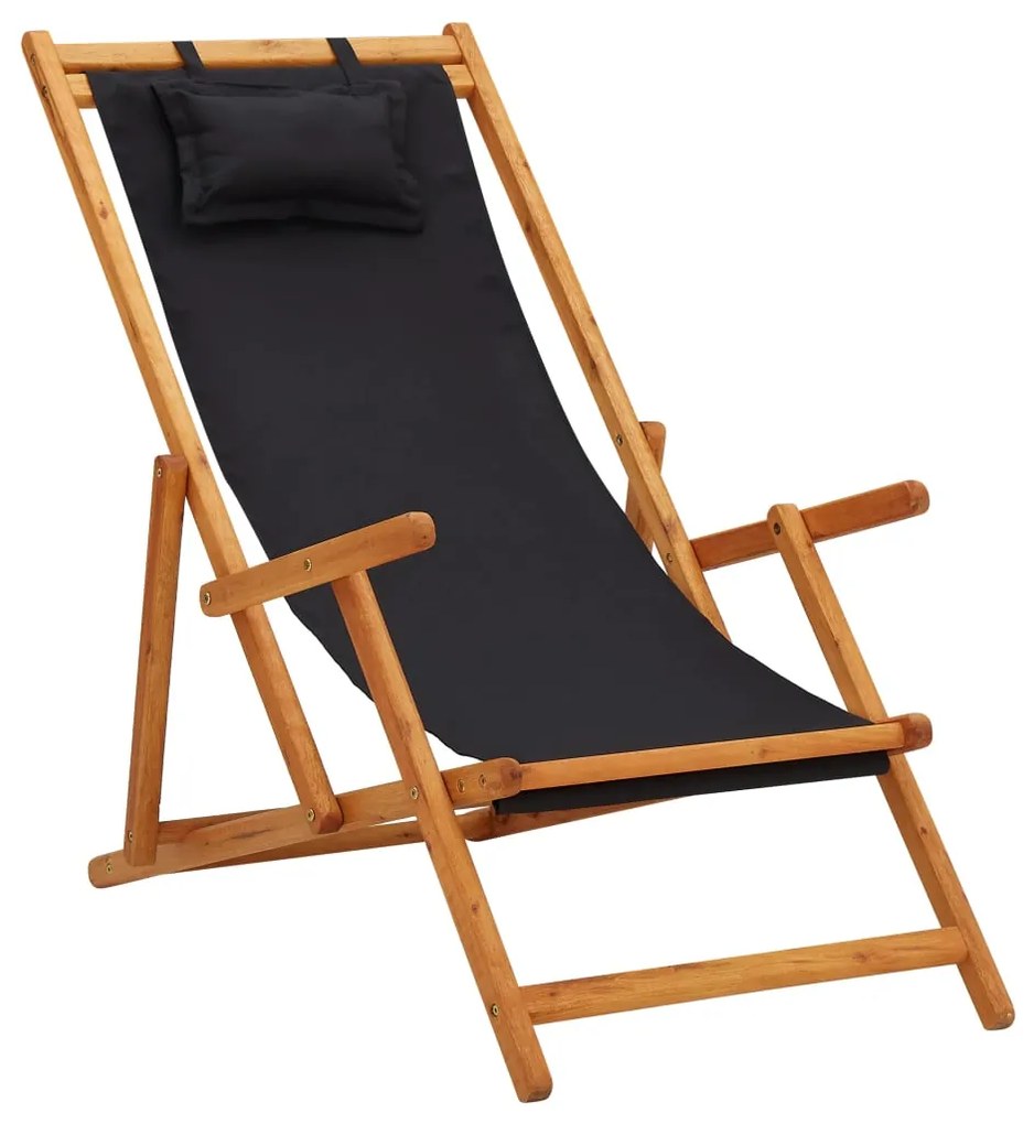 Σεζλόνγκ Πτυσσόμενη Μαύρη από Μασίφ Ξύλο Ευκαλύπτου & Ύφασμα