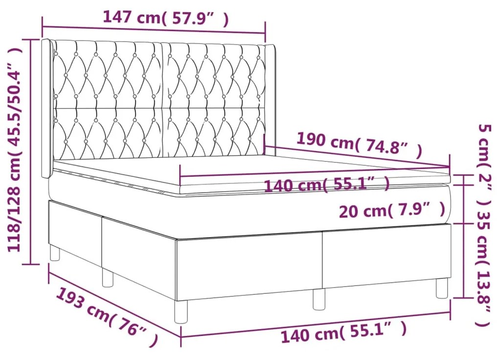 Κρεβάτι Boxspring με Στρώμα &amp; LED Μαύρο 140x190 εκ. Βελούδινο - Μαύρο