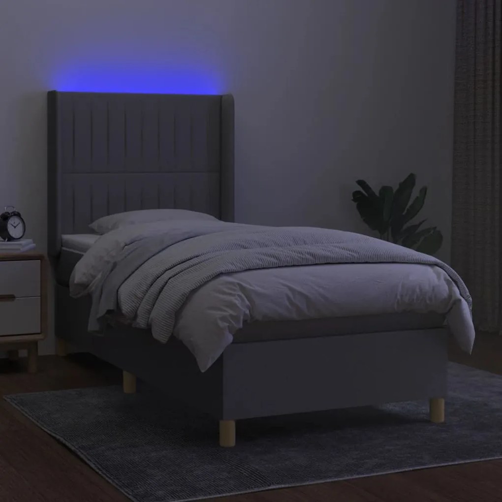 vidaXL Κρεβάτι Boxspring με Στρώμα & LED Αν.Γκρι 90x190 εκ. Υφασμάτινο