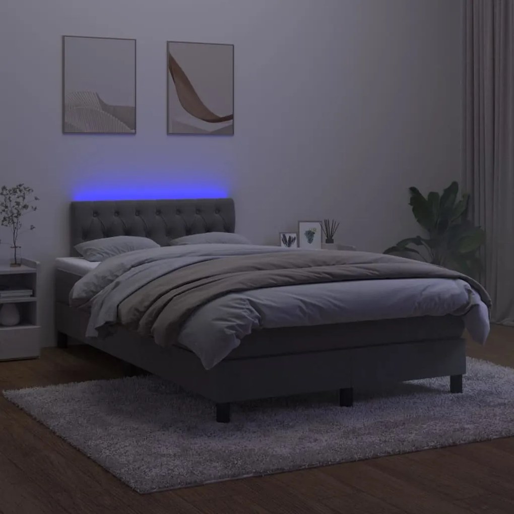 Κρεβάτι Boxspring με Στρώμα &amp; LED Σκ. Γκρι 120x200εκ. Βελούδινο - Γκρι