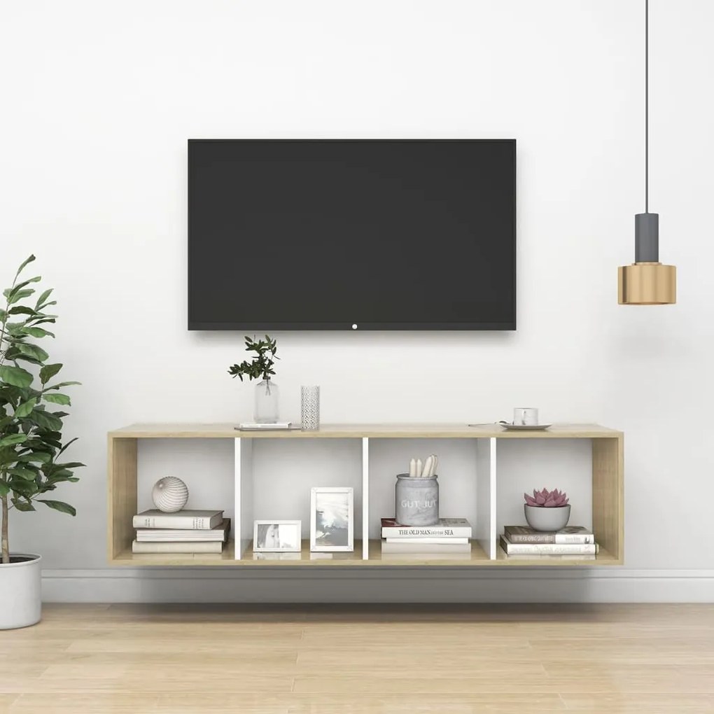 Έπιπλο Τηλεόρασης Κρεμαστό Δρυς/Λευκό 37x37x142,5εκ Επεξ. Ξύλο
