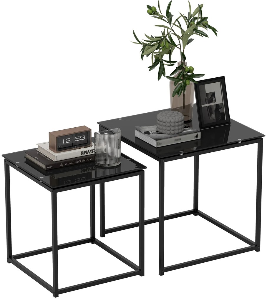 HOMCOM Σετ 2 τραπεζιών βοηθητικών, μοντέρνο σχέδιο, στοιβαζόμενα, γυάλινο τραπέζι, Μαύρο