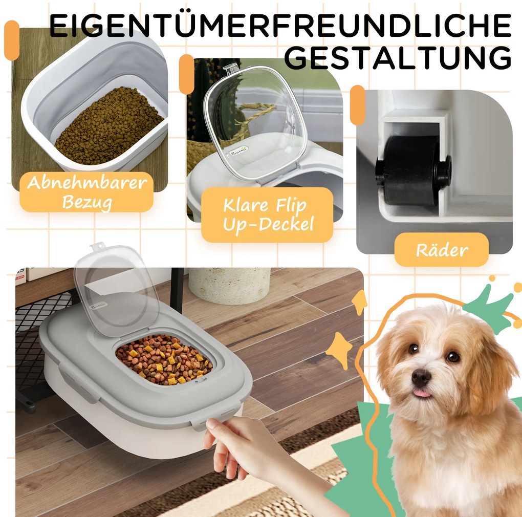 PawHut Δοχείο τροφής για σκύλους, αναδιπλούμενο, έως 25 kg, με αξεσουάρ, 44x32x37cm, Γκρι
