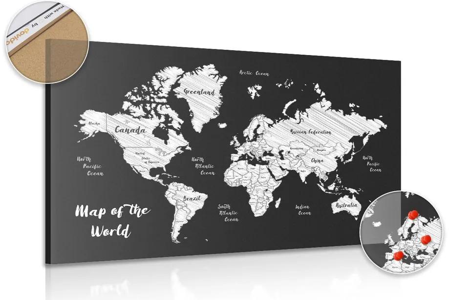 Εικόνα σε φελλό ενός ασπρόμαυρου μοναδικού παγκόσμιου χάρτη - 120x80  peg
