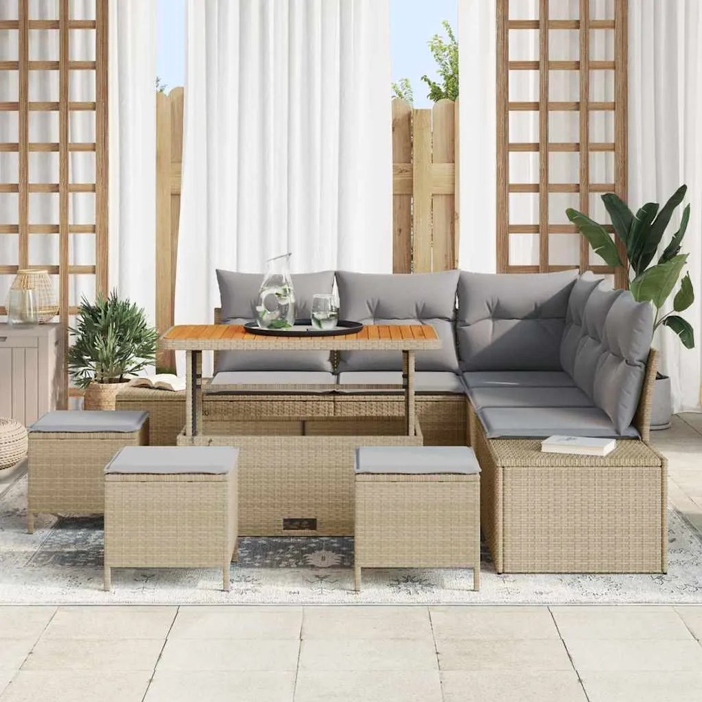 vidaXL Σετ Καναπέ Κήπου με μαξιλάρι 9 pcs Μπεζ Πολυ ράταν
