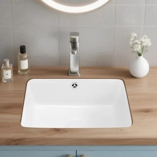 VEVOR Undermount Bathroom Sink, 400 x 305 mm Rectangular White Ceramic Vessel Sink with Overflow Hole, Under Counter Drop in Modern Lavatory Vanity Bath Wash Bowl Basin, Rectangle for Small Space