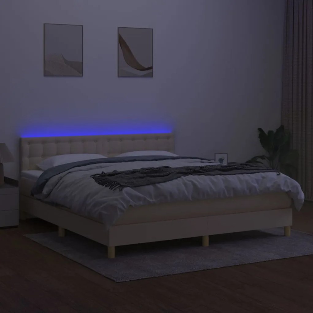 Κρεβάτι Boxspring με Στρώμα &amp; LED Κρεμ 160x200 εκ. Υφασμάτινο - Κρεμ