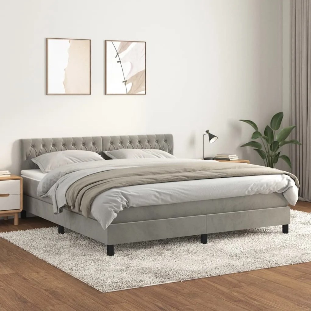 Κρεβάτι Boxspring με Στρώμα Ανοιχτό Γκρι 180x200 εκ. Βελούδινο - Γκρι