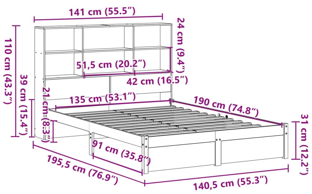 Κρεβάτι Βιβλιοθήκη Χωρίς Στρώμα Λευκό 135x190 εκ Μασίφ Πεύκο - Λευκό