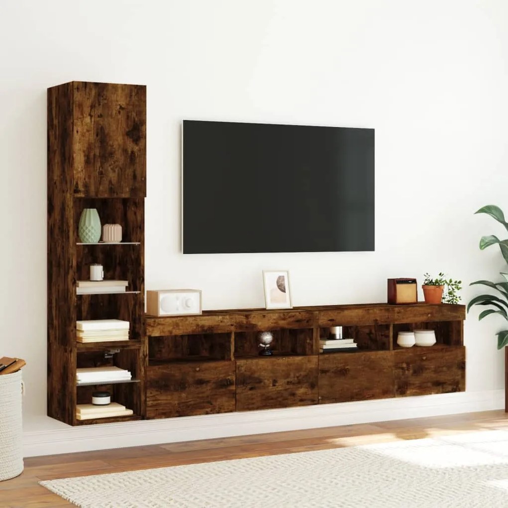 vidaXL Έπιπλα Τοίχου Τηλεόρασης 4 τεμ LED Καπνιστή Δρυς από Επεξ. Ξύλο