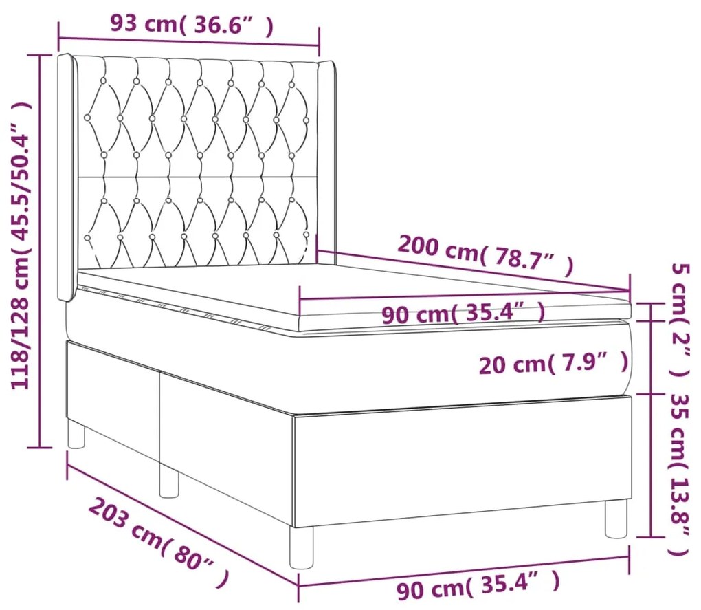 Κρεβάτι Boxspring με Στρώμα &amp; LED Σκ. Γκρι 90x200 εκ. Βελούδινο - Γκρι