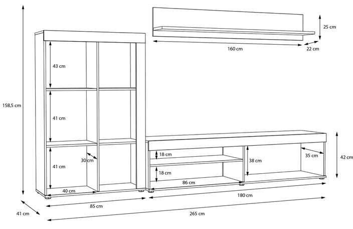 Σύνθετο σαλονιού Zorbi pakoworld λευκό-sonoma oak μελαμίνης 265x41x158.5εκ