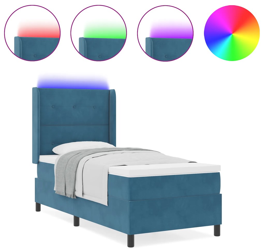 vidaXL Κρεβάτι Box Spring με Στρώμα & LED Σκούρο Μπλε 90x200 εκ Βελούδο