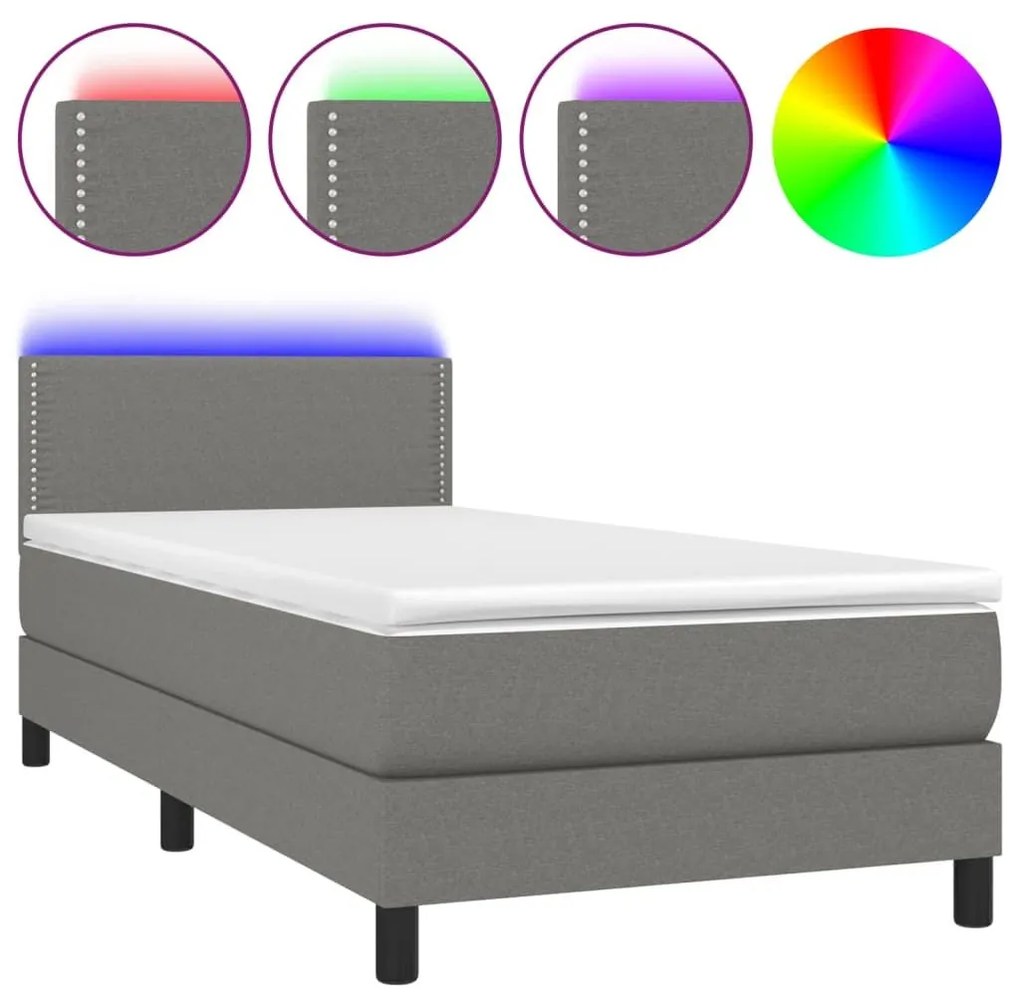 Κρεβάτι Boxspring με Στρώμα &amp; LED Σκ.Γκρι 90x200 εκ. Υφασμάτινο - Γκρι