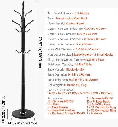 VEVOR Freestanding Coat Rack Coats Tree Stand with Stable Marble Base &amp; 6 Hooks