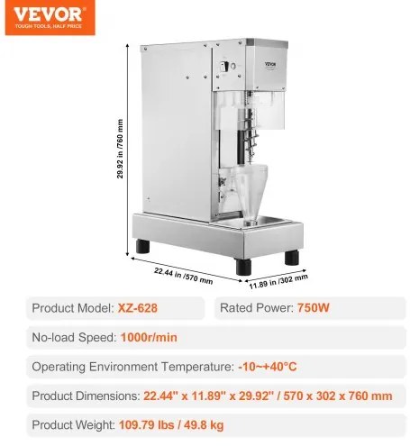 VEVOR Ice Cream Blender 750W  Ice Cream Mixer Stir Machine 304 Stainless Steel