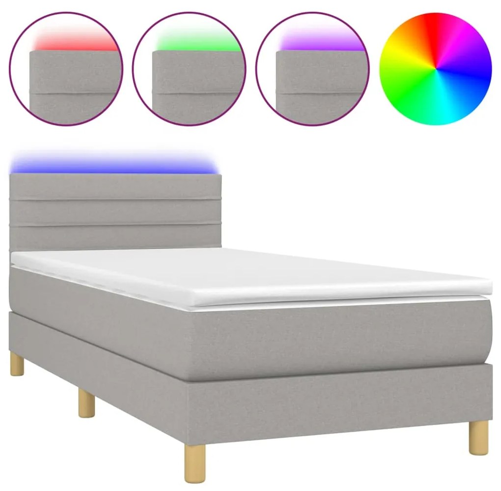 vidaXL Κρεβάτι Boxspring με Στρώμα & LED Αν.Γκρι 90x190 εκ. Υφασμάτινο