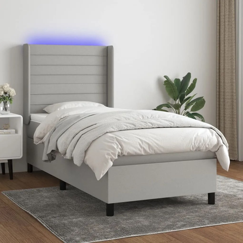 Κρεβάτι Boxspring με Στρώμα &amp; LED Αν.Γκρι 90x190 εκ. Υφασμάτινο - Γκρι