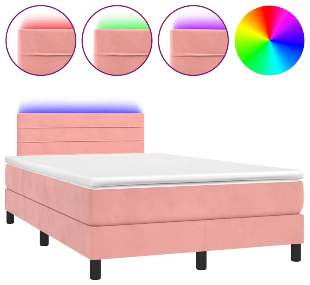 vidaXL Κρεβάτι Boxspring με Στρώμα & LED Ροζ 120x200 εκ. Βελούδινο