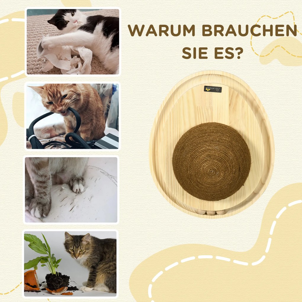 PawHut Διαδραστικό Παιχνίδι Γάτας, Επιφάνεια Ξυσίματος, Οβάλ Κανάλι Μπάλας, Ξύλο Πεύκου, 39,5 x 32,5 x 14,5 cm