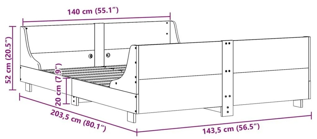 Σκελετός Κρεβατιού Χωρίς Στρώμα 140x200 εκ Μασίφ Ξύλο Πεύκου - Καφέ