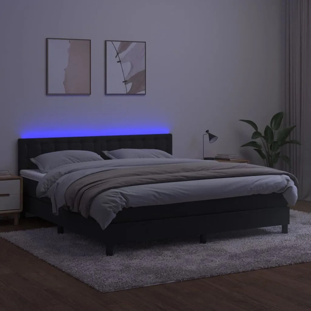 Κρεβάτι Boxspring με Στρώμα &amp; LED Μαύρο 180x200 εκ. Βελούδινο - Μαύρο