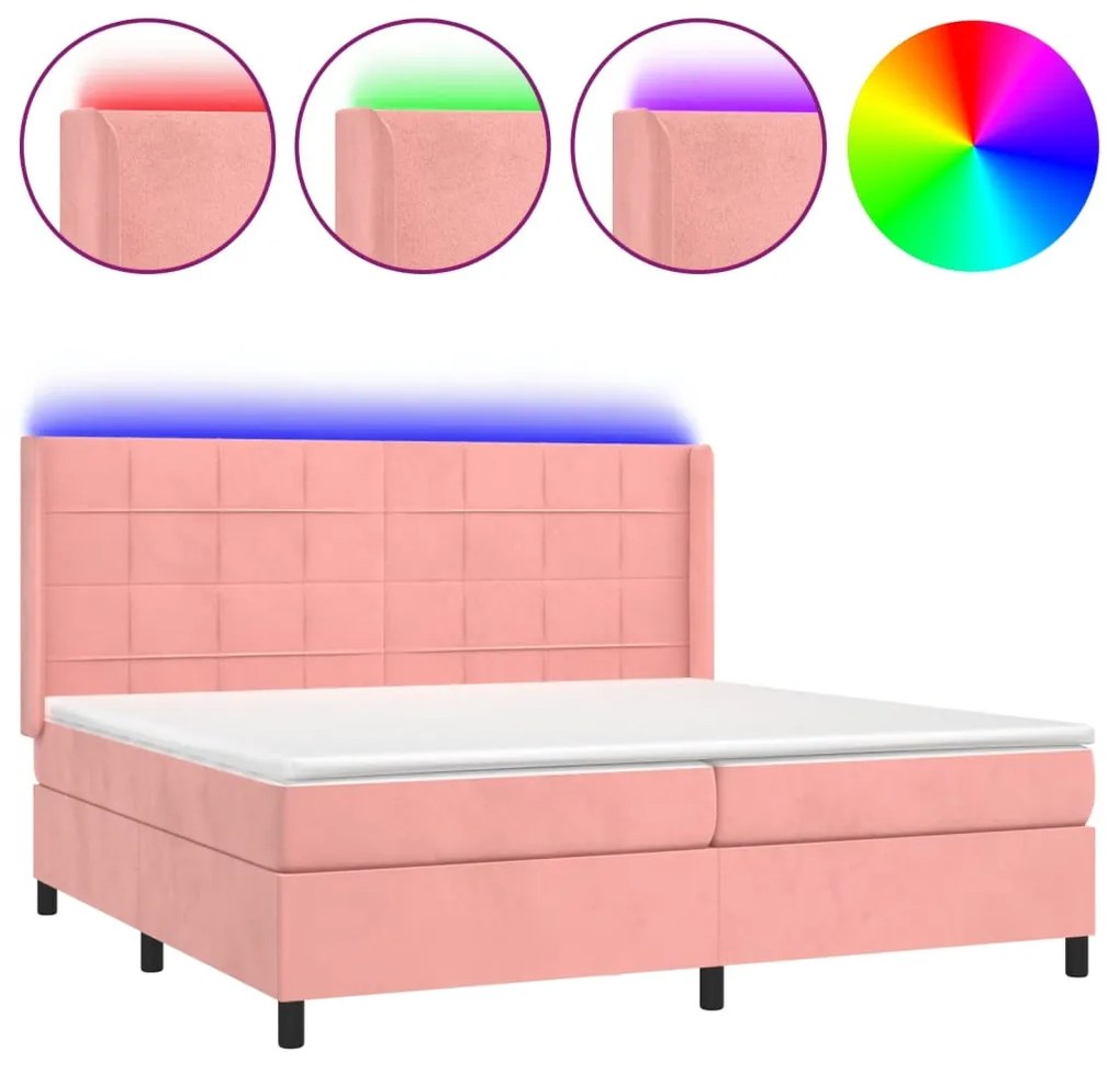 Κρεβάτι Boxspring με Στρώμα &amp; LED Ροζ 200x200 εκ. Βελούδινο - Ροζ