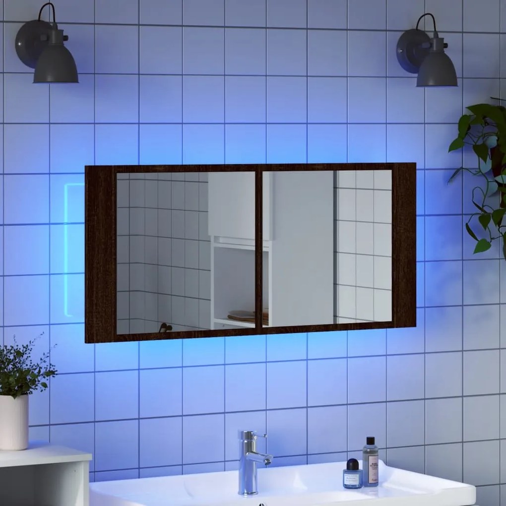 Ντουλάπι Μπάνιου με Καθρέφτη/LED Καφέ Δρυς 100x12x45 εκ. - Καφέ