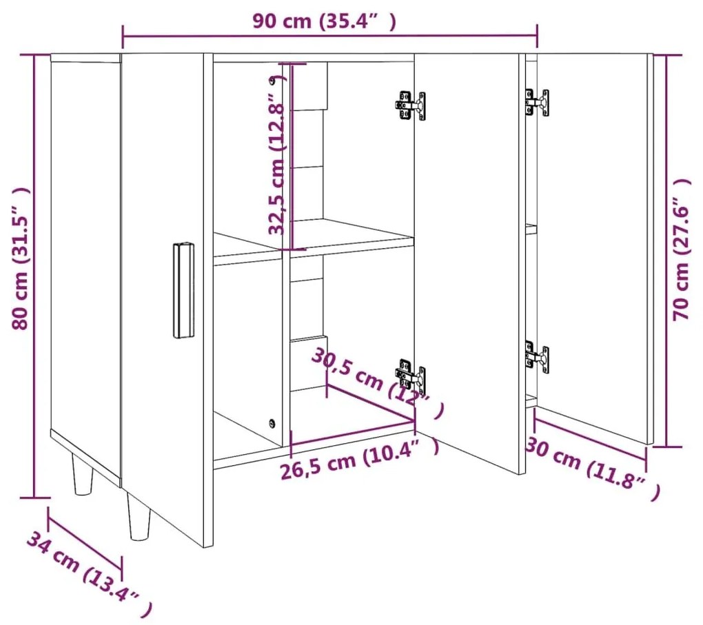 Μπουφές Λευκός 90 x 34 x 80 εκ. από Επεξεργασμένο Ξύλο - Λευκό